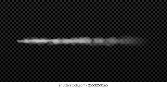 Trilha horizontal de fumaça de vetor de foguete ou avião a jato. Realista traço de lançamento do avião de fumaça branca. Nuvens de nevoeiro fluxo de vapor isolado em fundo transparente. Conduta de névoa de gás. Rastreio de mísseis ou balas