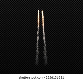 Rocket or jet aircraft vector smoke trail, launch trace two straight stripes. Realistic orange burst and fume flow. Missile or bullet trace. Fog clouds steam on transparent background. Gas lines