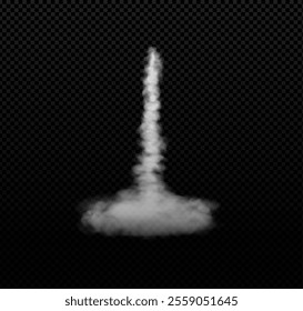 Rocket or jet aircraft vector smoke trail with clouds. Realistic white fume space rocket launch trace. Fog steam flow isolated on transparent background. Gas exhaust, vapor spray