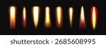 Rocket jet fire trails with golden flames and smoke for space launch effects. Bright exhaust streams or propulsion burst elements on transparent background. Speed boost visual assets collection.