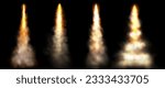 Rocket or jet fire trails with smoke clouds. Space ship, shuttle or missile launch effect with flame and steam clouds, vector realistic set isolated on black background