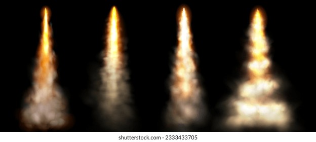 Rutas de fuego de cohetes o chorros con nubes de humo. Buque espacial, lanzadera o lanzamiento de misiles con nubes de llama y vapor, vector realista aislado sobre fondo negro
