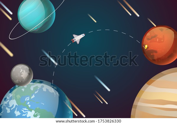 Rocket\
journey in planet system vector illustration. Space transport path\
to Mars, tap mark on object, space exploration. Departure rocket\
from earth to red planet, cartoon solar\
system.