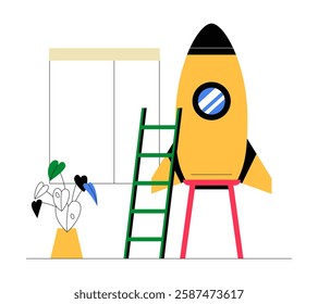 Rocket With Ladder And Plant In Flat Vector Illustration Symbolizing Business Startup, Career Growth, And Development, Isolated On White Background
