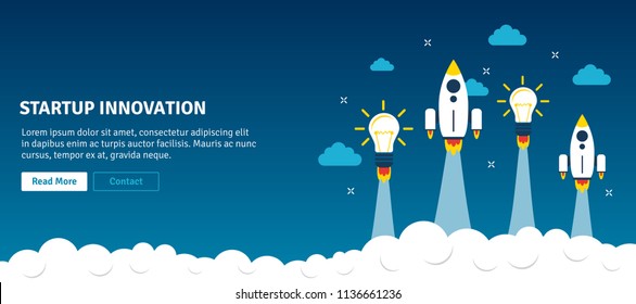 Rocket and lamp launch in web banner. Concept of startup innovation, business planning, startup project, project business, growth strategy in flat design vector illustration.