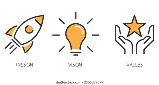 Rocket, lamp, star in hands. Mission, vision, values ​​- simple illustrations with text below.