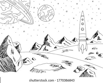 Rocket landed alien planet graphic black white space landscape sketch illustration vector