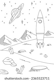 Rocket landed alien planet graphic black white space landscape sketch vertical illustration vector 