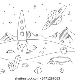 Rocket landed alien planet graphic black white space landscape sketch illustration vector 