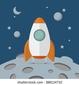 Rocket landed on the moon. Flat style vector illustration
