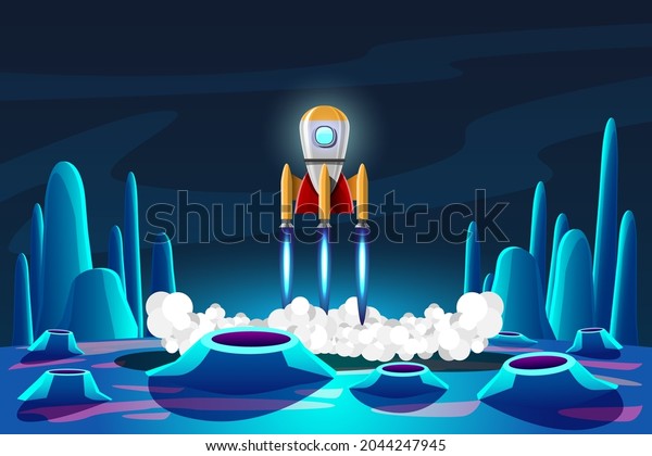 A rocket landed on a planet in the human\
space exploration program on Earth. Planet surface with craters,\
mountains. Earth in the distance so far in space sky. Cartoon\
vector illustration
