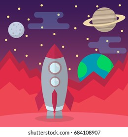 The rocket landed on the planet. Vector illustration in flat style.