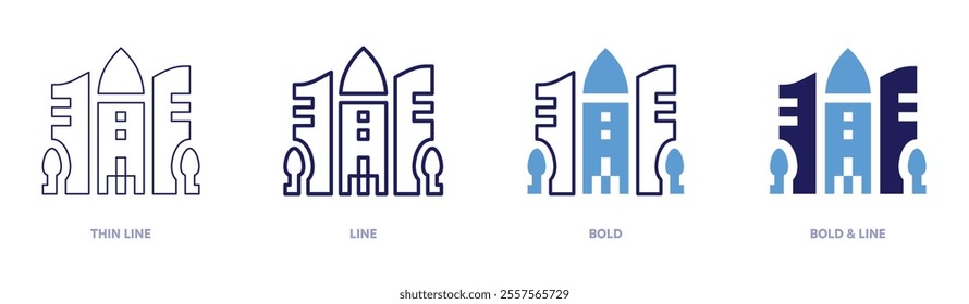 Rocket landing icon in 4 different styles. Thin Line, Line, Bold, and Bold Line. Duotone style. Editable stroke.