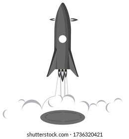 Rocket landing logo illustration. Returning rocket to runway. Isolated on white background.