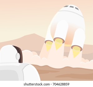 Rocket landing on mars and greeting astronaut