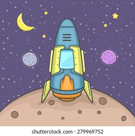 Rocket landing on the planet with background outer space. Vector Illustration.
