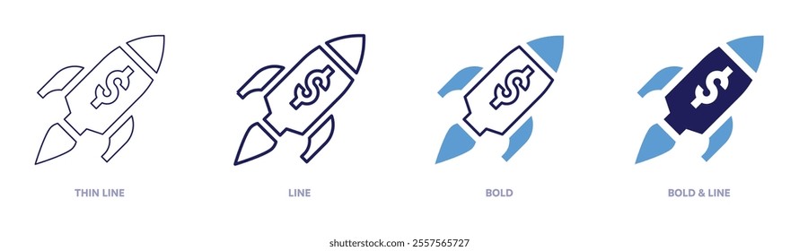 Rocket landings icon in 4 different styles. Thin Line, Line, Bold, and Bold Line. Duotone style. Editable stroke.