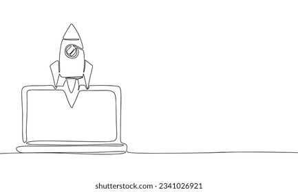 Rocket from laptop one line continuous. Line art concept business banner. Outline vector illustration.