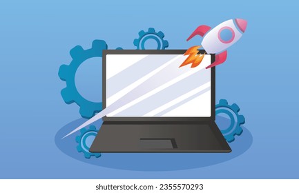 Rocket  with laptop to succeed or begin.on blue background.Vector Design Illustration.