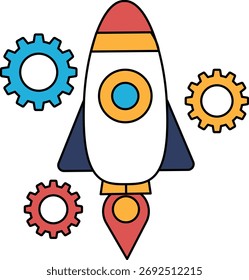 A rocket with a large gear on the front. The rocket is white and black