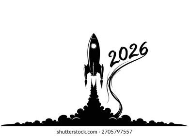 Raketenstart mit 2026, symbolisiert Neujahrsziele und Erfolg einzeln auf weißem Hintergrund, Vektor
