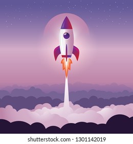 Rocket launch above the clouds vector illustration. web Start up concept