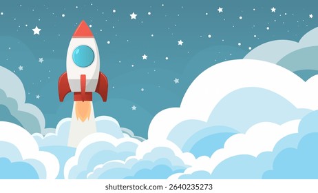 Rocket launch against sky and stars. Vector illustration of space rocket taking off into space. Spaceship leaving earth. Space adventure.