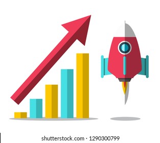 Rocket Launch with Arrow and Success Graph. Vector Progress Design.