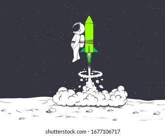 rocket launch with astronaut.Spaceman goes to space.Cosmonaut flies to conquer the universe.Vector illustration