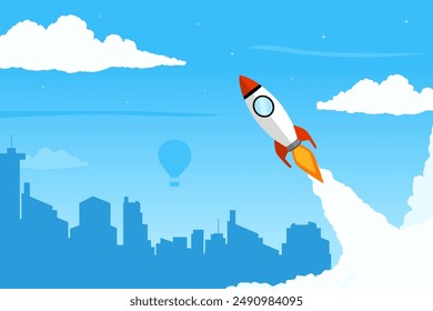 Rocket launch background design with blue color. An illustration concept about the growth of creativity.