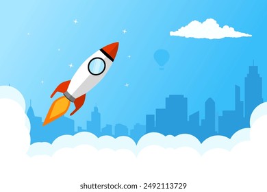 Rocket launch background design with blue color. An illustration concept about the growth of creativity.