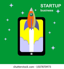 Rocket launch background. Flat vector illustration. Startup concept. Project development.