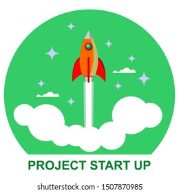 Rocket launch background. Flat vector illustration. Startup concept. Project development.