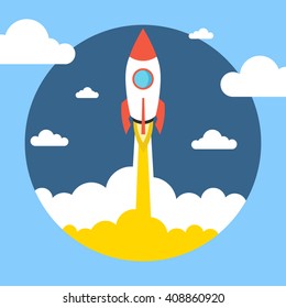 Rocket launch background. Flat vector illustration. Startup concept. Project development.
