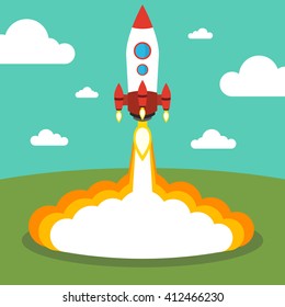 Rocket launch background. Flat vector illustration. Startup concept. Project development.