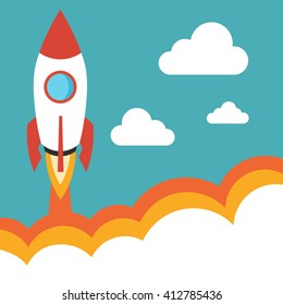 Rocket launch background. Flat vector illustration. Startup concept. Project development.