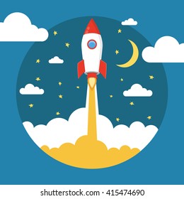 Rocket launch background. Flat vector illustration. Startup concept. Project development.