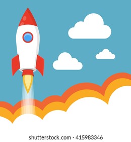 Rocket launch background. Flat vector illustration. Startup concept. Project development.