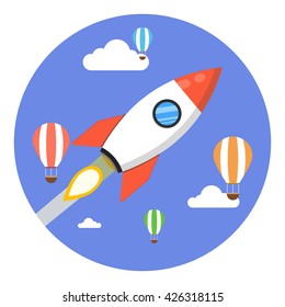 Rocket launch background. Flat vector illustration. Startup concept. Project development.