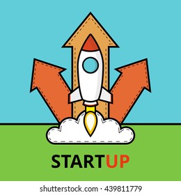 Rocket launch background. Startup concept. Project development. Flat illustration with arrows and cloud.