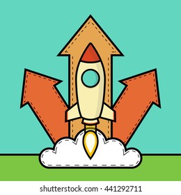 Rocket launch background. Startup concept. Project development. Flat illustration with arrows and cloud.