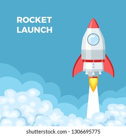 Rocket launch banner. Concept for  business startup. Spaceship over the clouds in blue sky. Vector illustration in cartoon flat style.