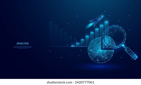 rocket launch, bar graph, pie graph, magnifying glass. growth analysis data in low poly concept blue background and sparkling stars.