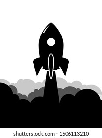 Rocket launch black illustration. Product business launch concept design ship background.