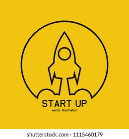 Rocket launch black line icon isolated on background. Vector illustration flat design. Business project start-up. Creative idea symbol. Development process, innovation.