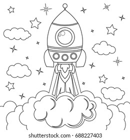 Rocket launch. Black and white vector illustration for coloring book