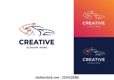 Rocket launch blast tech with creative silhouette sport car automotive transportation vector logo design