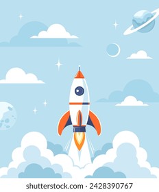 Rocket launch with blue cloudy sky on background, flat vector illustration