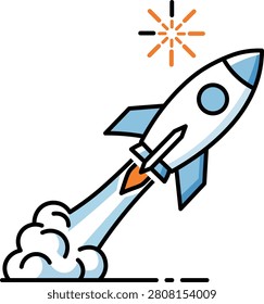Rocket launch with blue and orange flames, starburst explosion spaceflight