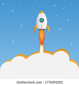 Lanzamiento De Cohetes En Blue Sky Illustration Background. Concepto De Nuevas Empresas E Ideas Innovadoras. Vector, composición cuadrada
